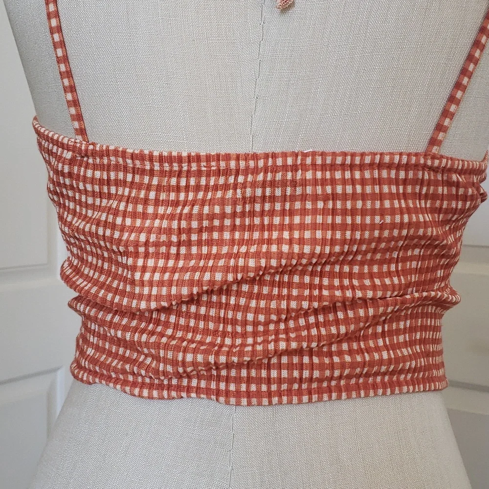 New ZARA Gingham Plaid Checked Cropped Halter Top Ruched Burnt Orange Medium - Picture 8 of 12